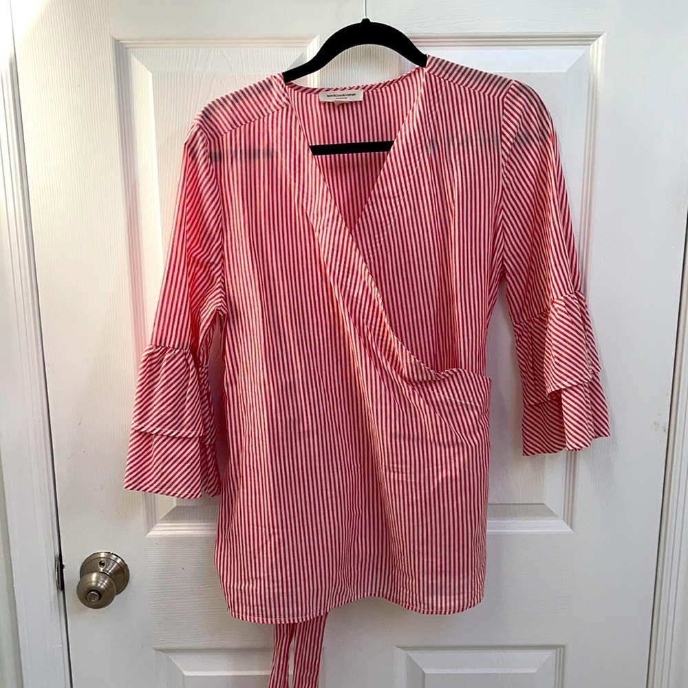 Red striped preppy c neck tie cotton blouse